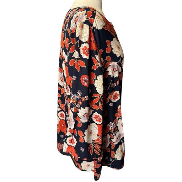 Daniel Rainn New Floral Peasant Blouse Size 2X Roll Tab Sleeves V Neck Navy Blue - Picture 5 of 7